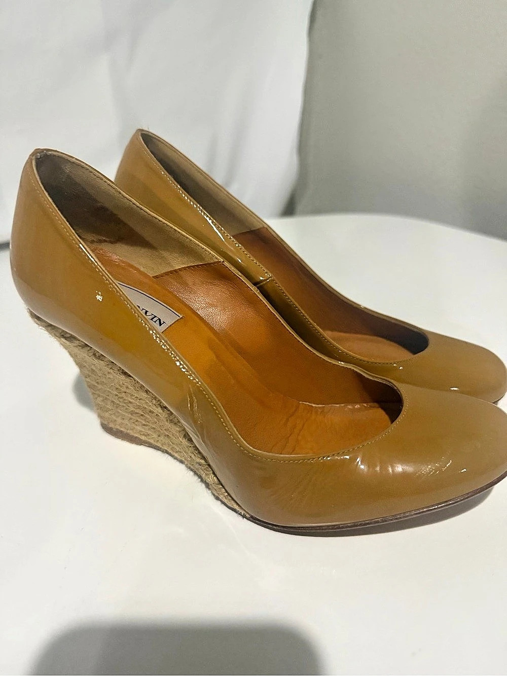 Lanvin Patent Leather Espadrille Wedge Pumps Brown EU 36